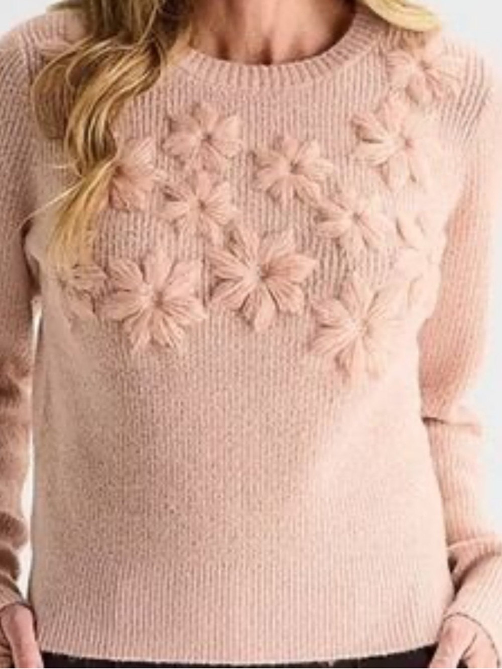 Liz Claiborne Blush Cream Floral-Appliqué Crewneck Sweater
